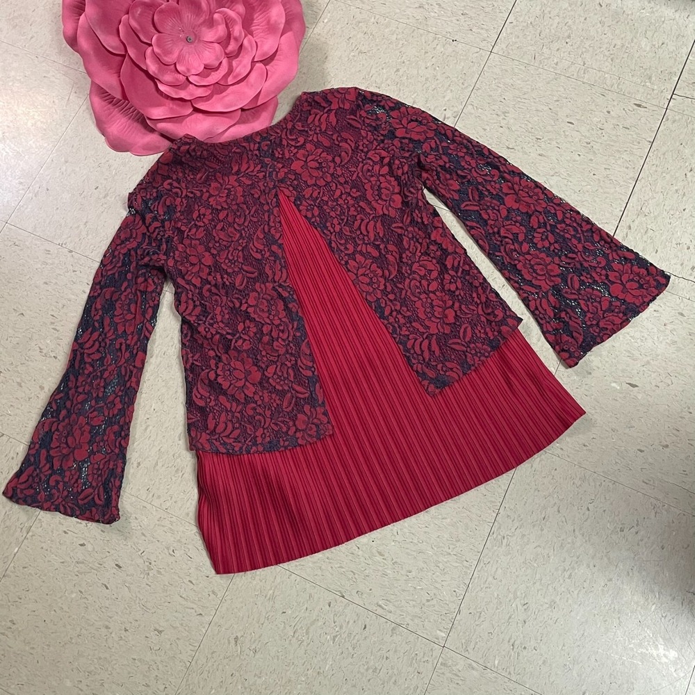 SUZANNE BETRO Womens Top Sz Small Burgundy Navy Lace‎ Overlay Pleated Whimsigoth - Picture 9 of 12